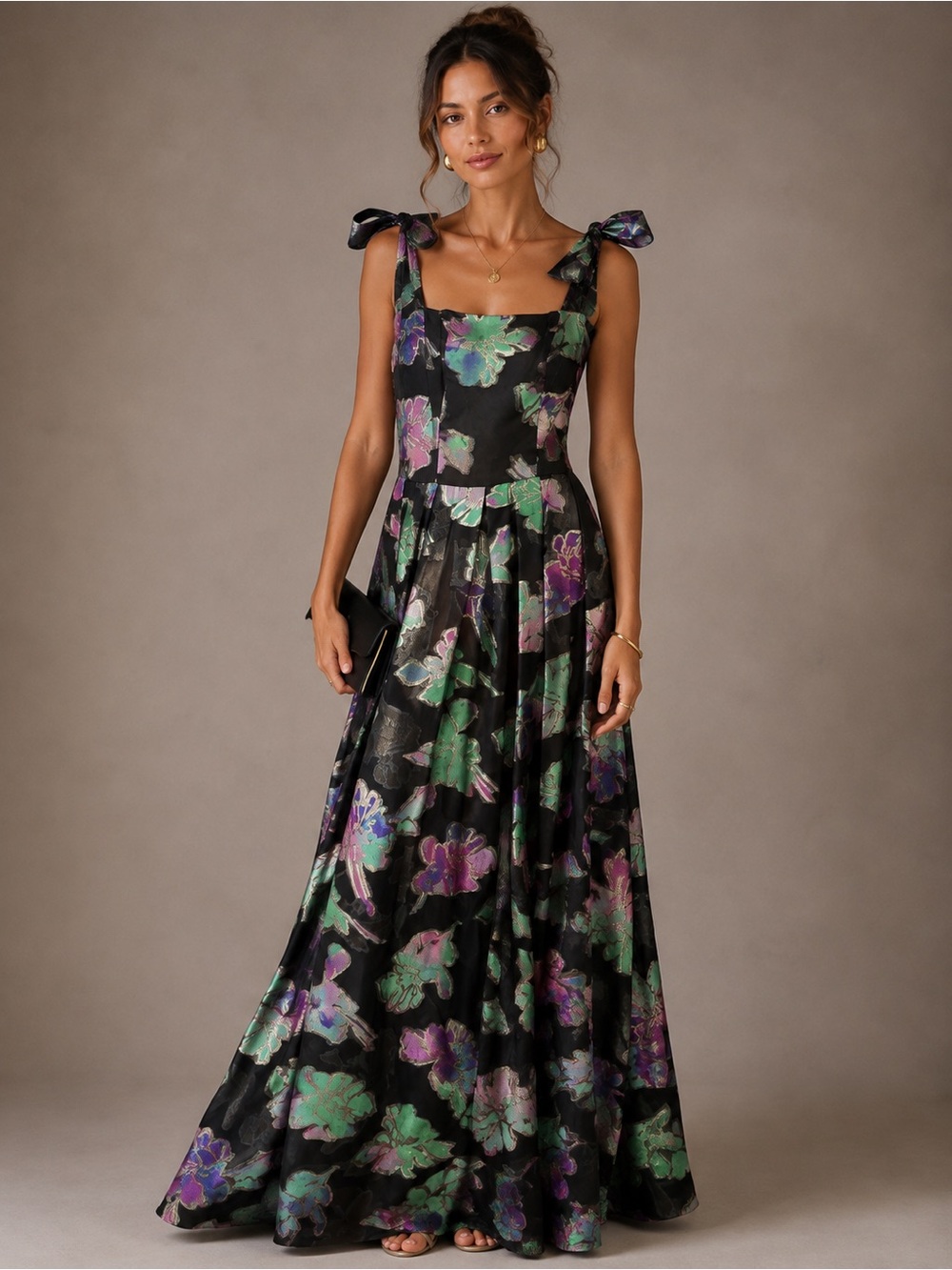 Black Halo Devalin Floral Evening Gown Metallic Formal Party Wedding Guest Dress